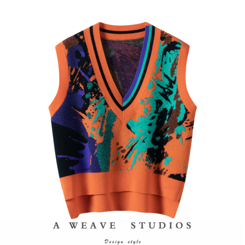设计感十足！2024新款抽象涂鸦撞色纯山羊绒V领马甲坎肩女