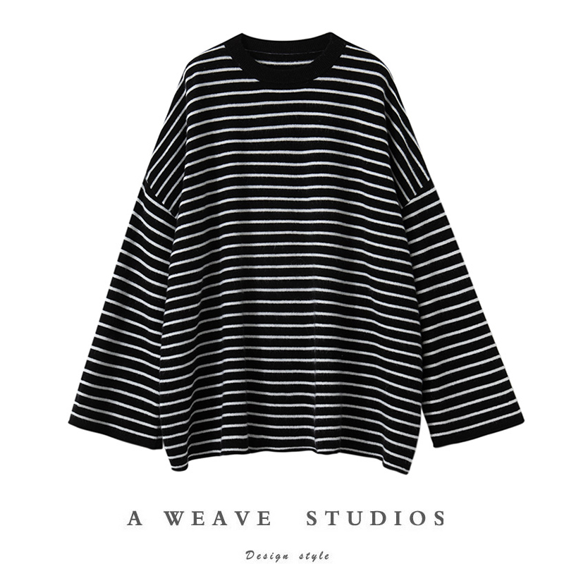 100%山羊绒海军风圆领条纹罩衫