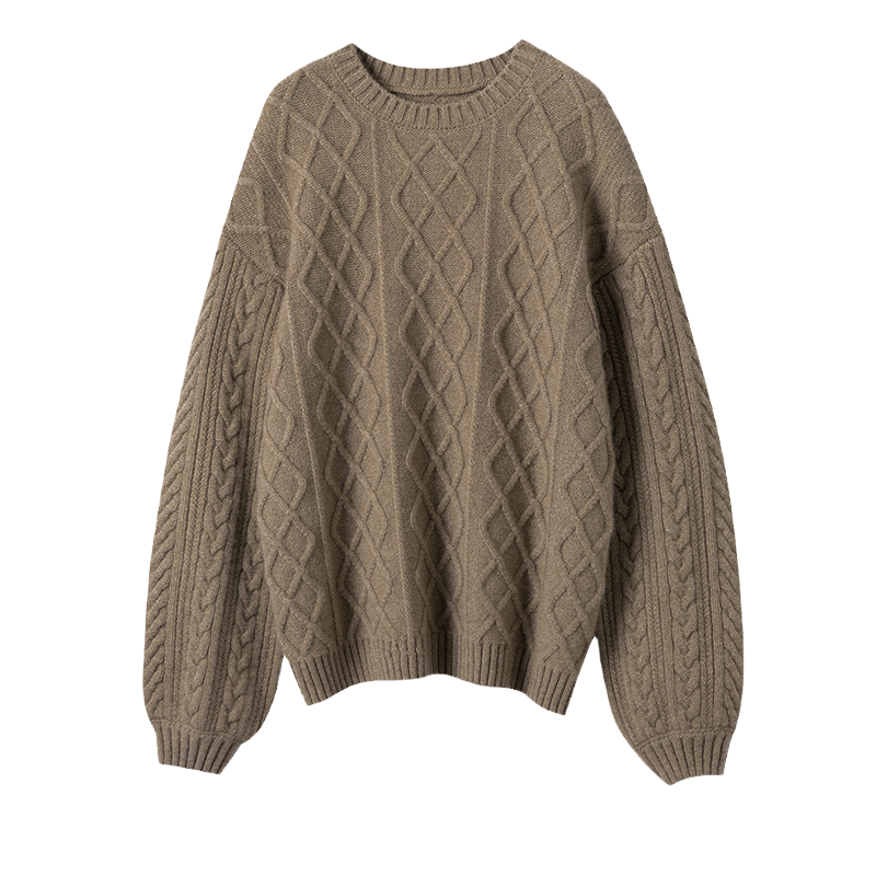 高姿态好货~重磅加厚！复古绞花圆领羊绒衫女纯羊绒毛衣宽松慵懒