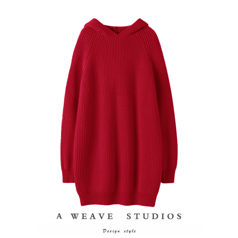 绒暖斯特大克重坑条连帽羊绒毛衣连衣裙女羊绒帽衫宽松加厚中长款