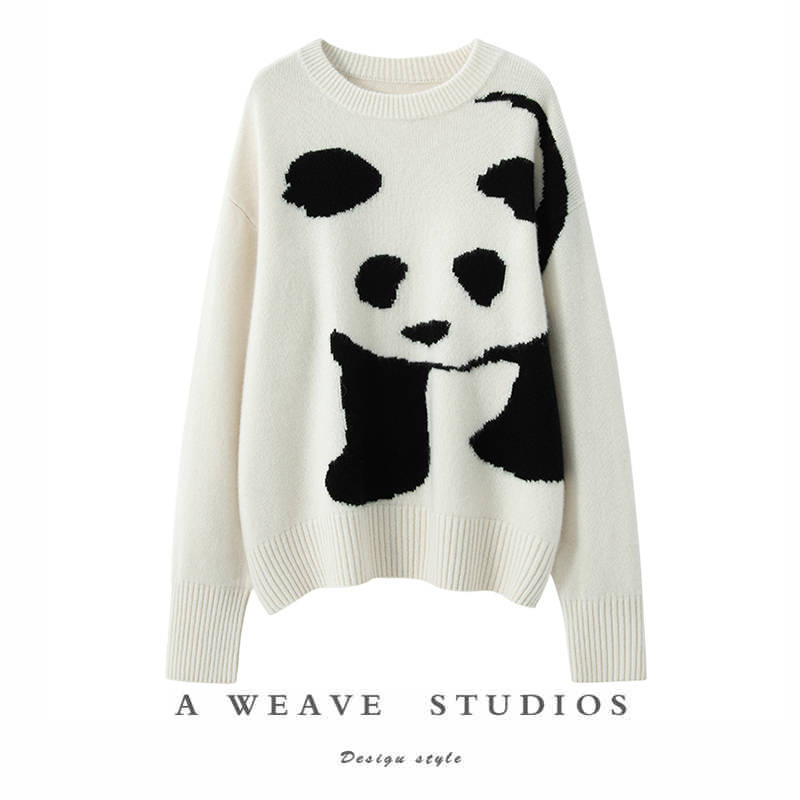 动物提花白色圆领羊绒衫女毛衣