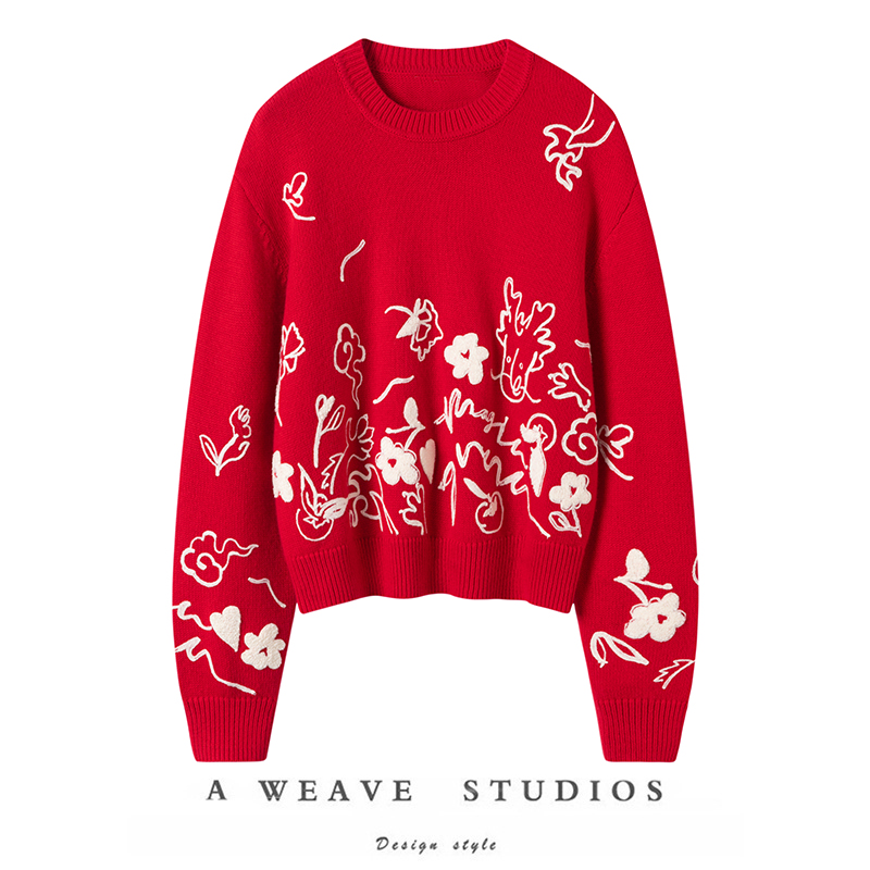 龙运当头~新年红限定纯山羊绒上衣宽松套头红色羊绒毛衣女本命年