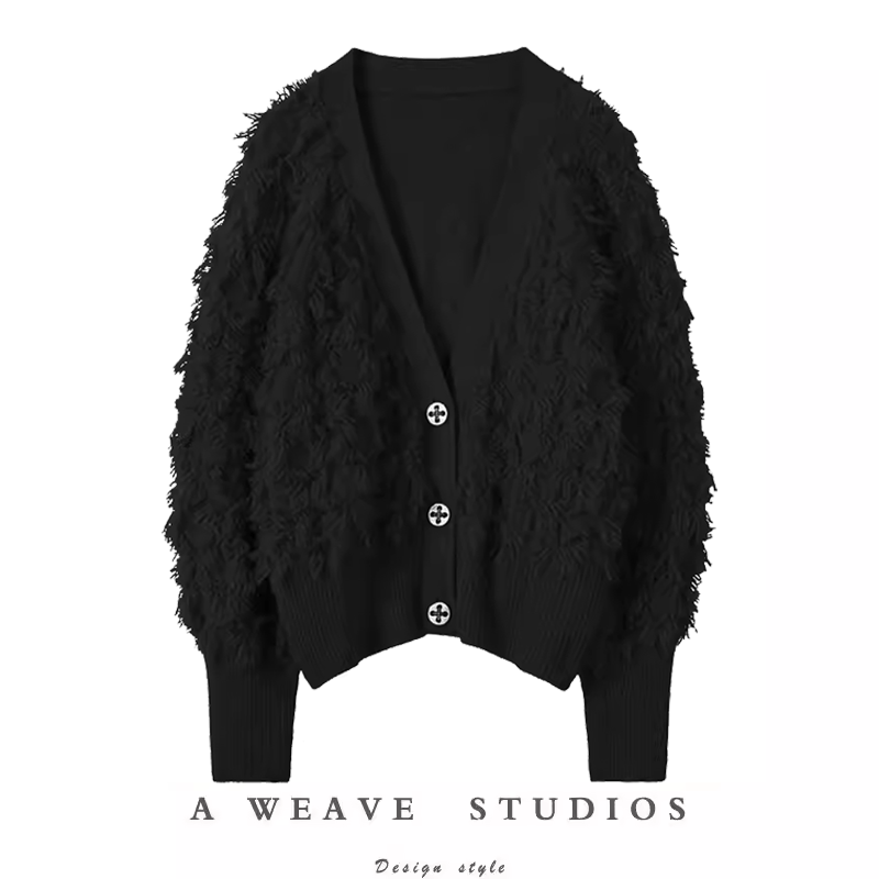 初见的浪漫感！黑色纯山羊绒毛衣2024秋冬新款宽松羊绒针织开衫