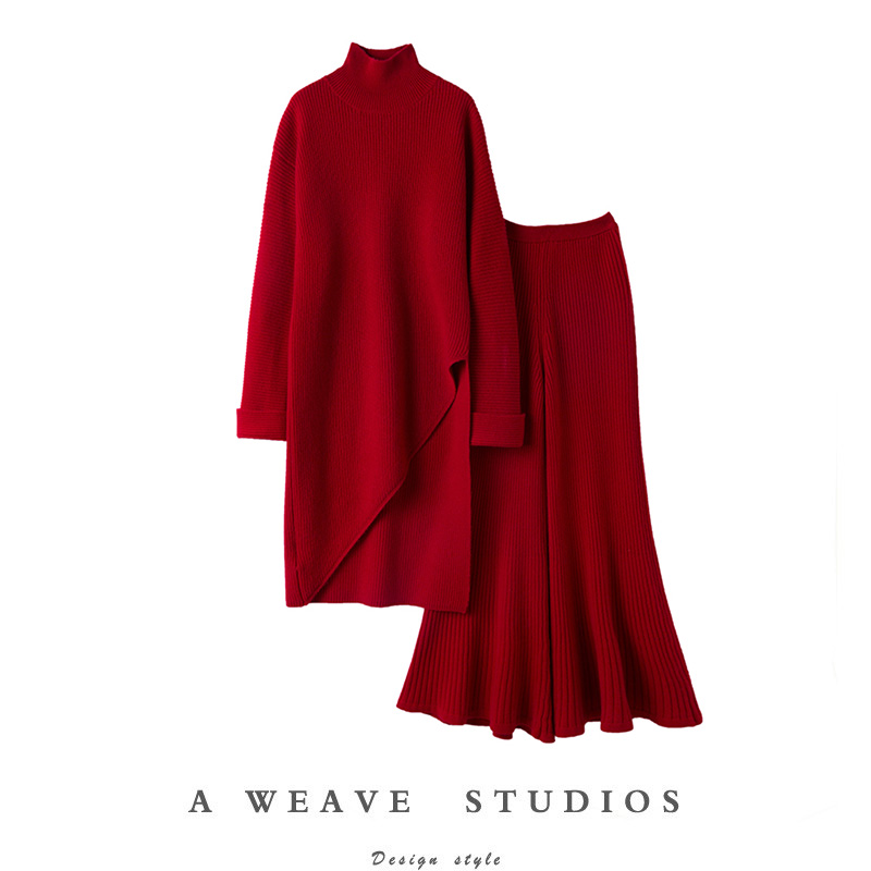 中长款羊绒裤子女大喇叭裤套装