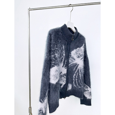 高端拉绒蝴蝶提花纯山羊绒开衫女装加厚宽松针织毛衣外套秋冬新款