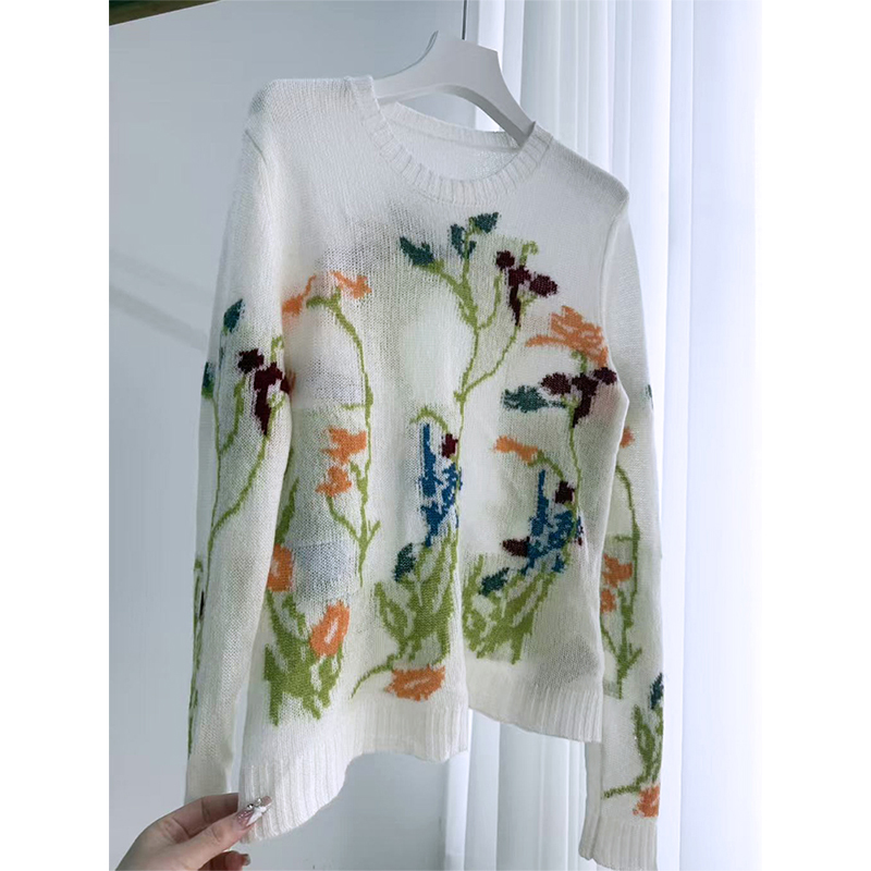 【绒暖斯特春季新款】小众设计法式复古提花薄款100%羊绒衫上衣