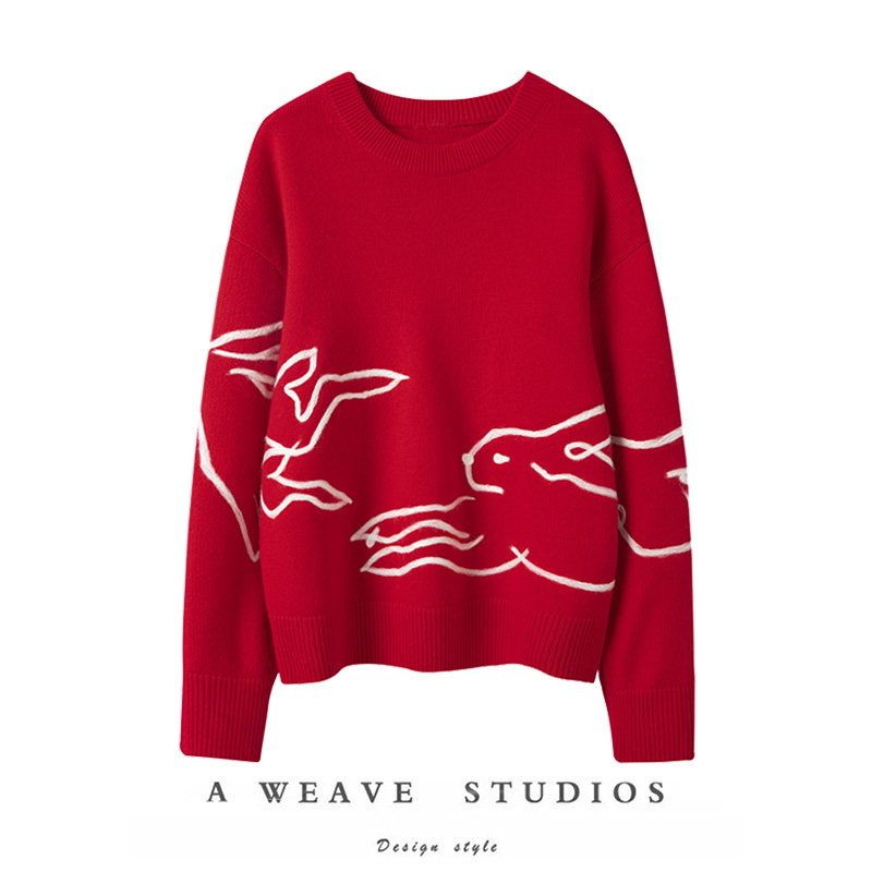 秋冬新款玉兔图案纯山羊绒毛衣女
