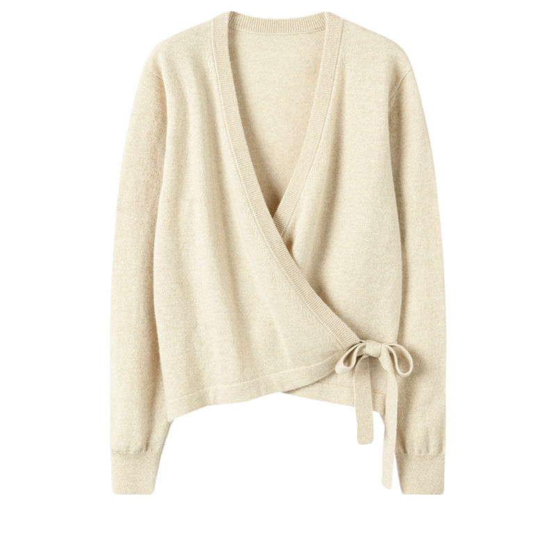 气质入髓~交叉领系绳设计100%纯山羊绒针织开衫女V领宽松毛衣