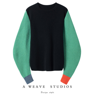 羊绒衫 好看 修身 撞色弯刀袖 女圆领纯羊绒毛衣 太喜欢这个设计了