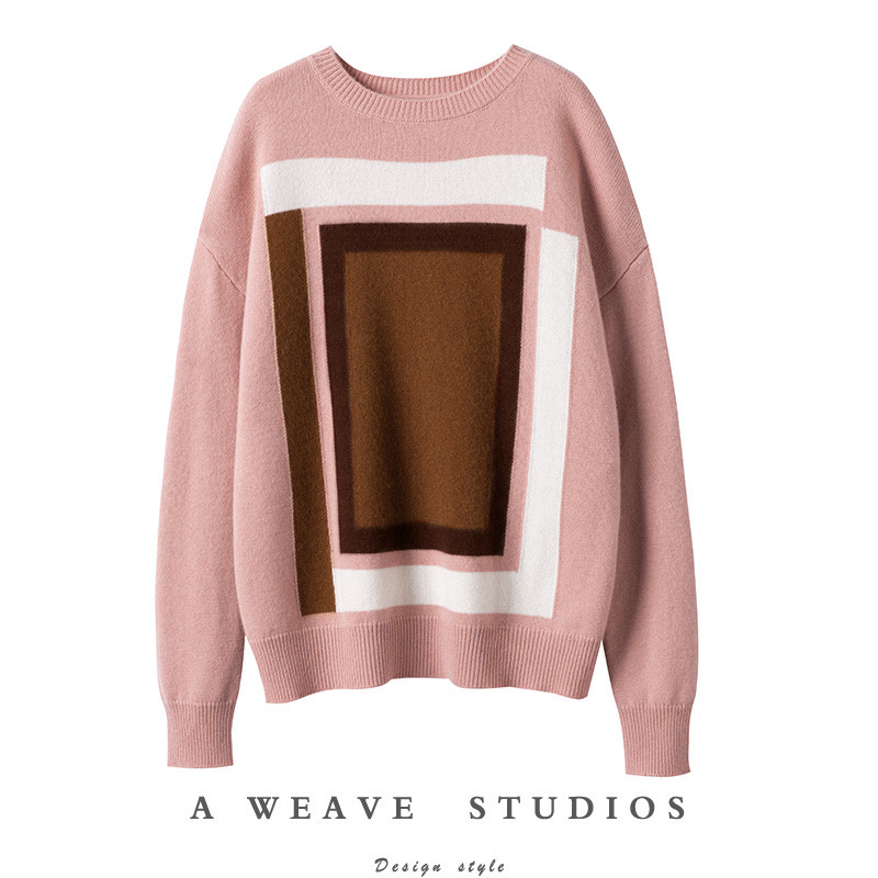 粉拼色羊绒衫女圆领宽松