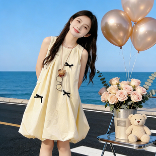 女童裙子夏季中大童2026新款洋气无袖连衣裙时尚爆款小女生花苞裙
