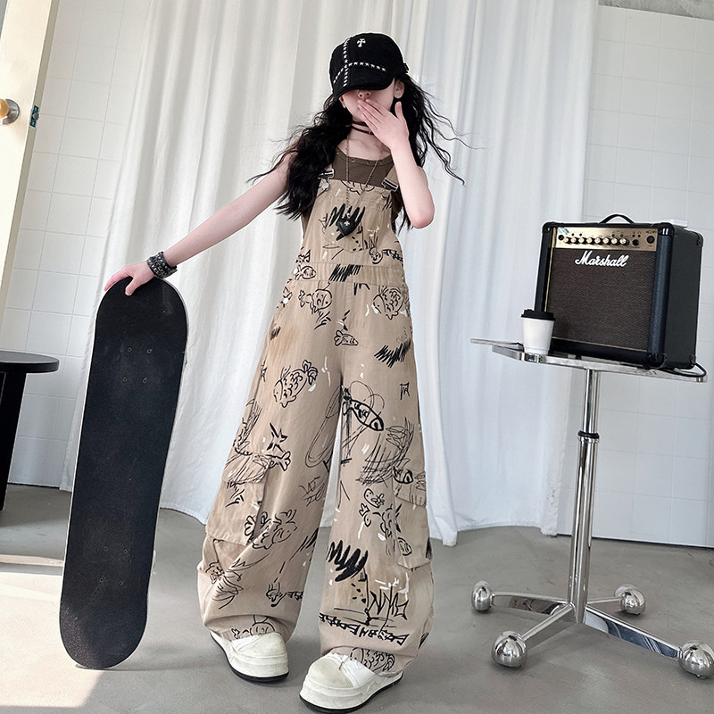 女童美式复古背带裤套装夏季新款2025中大童时髦背心显瘦阔腿长裤