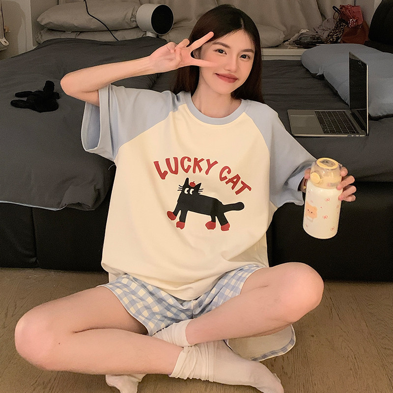 2025年新款爆款睡衣女士夏季短袖纯棉女大学生可爱小猫家居服套装