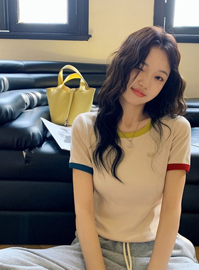 张贝贝ibell撞色针织正肩短袖t恤女夏季小个子显瘦短款上衣