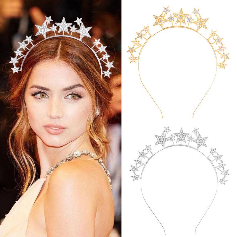 欧美水钻派对Hoop庆祝皇冠头箍五角星新娘饰品时尚Tiara