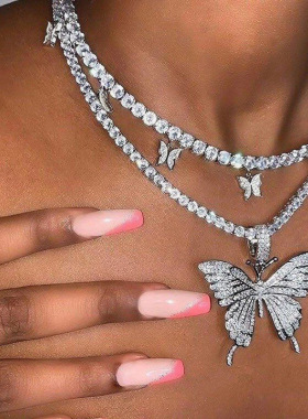 欧美气质古巴蝴蝶项链跨境爆款蝴蝶吊坠颈链嘻哈饰品tennischoker