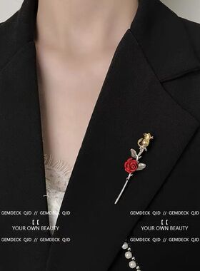 韩版高级感胸针复古小众红色玫瑰花饰品滴油电镀仿生树枝花朵扣夹