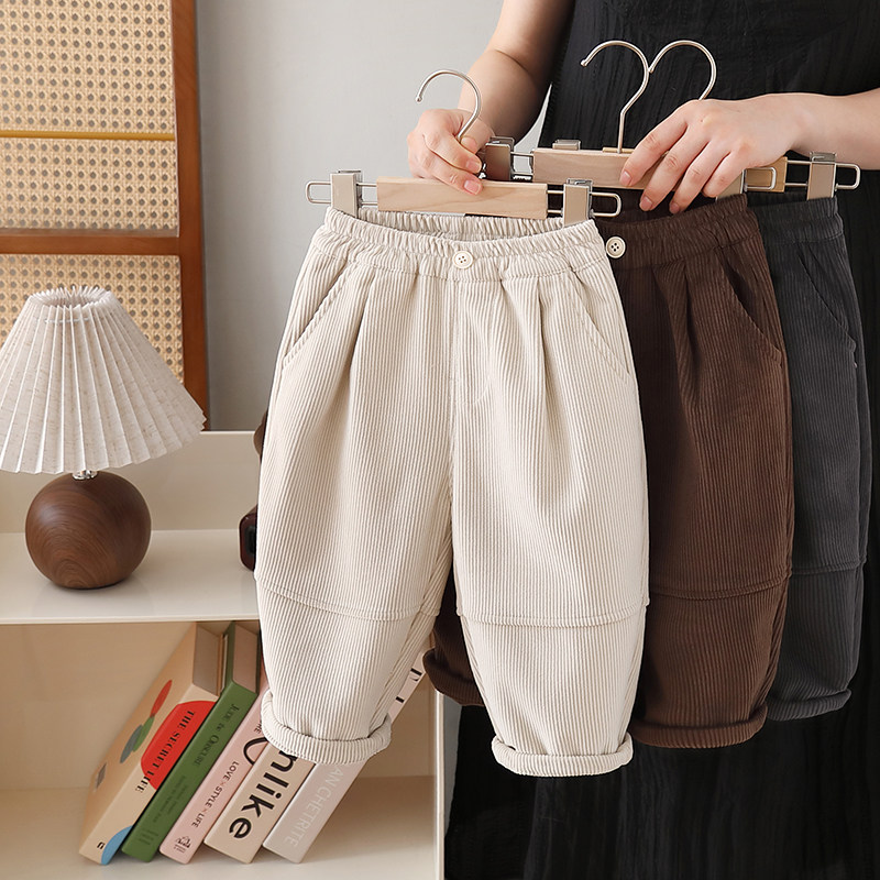 男童秋冬款裤子2025新款儿童加绒灯芯绒一体绒冬季宝宝休闲条绒裤