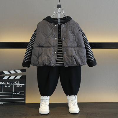 男童秋冬套装2025新款儿童一体绒加厚卫衣洋气冬装夹棉马甲三件套