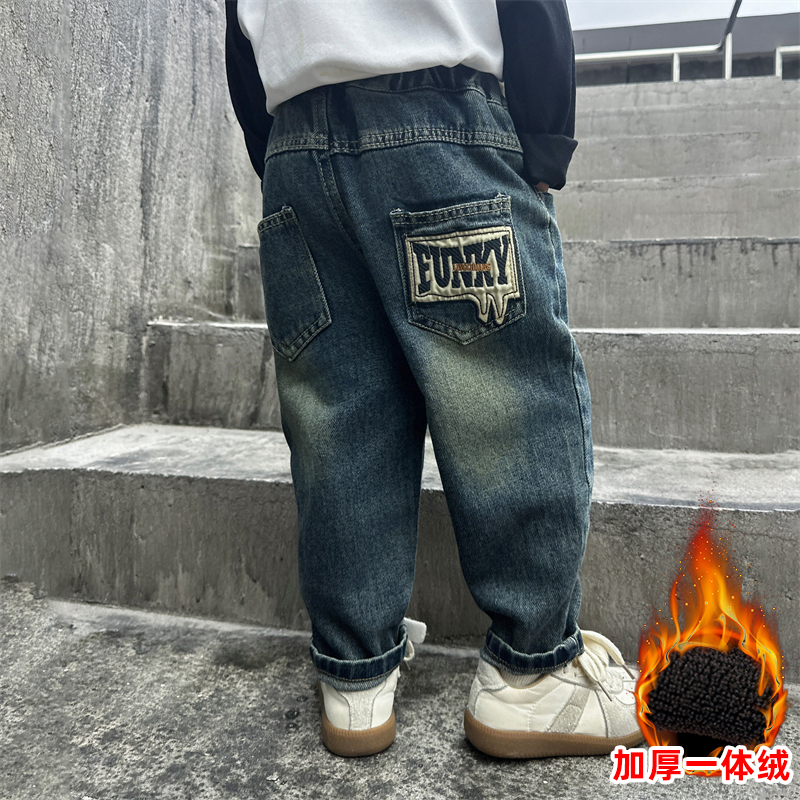 男童加绒牛仔长裤子冬装保暖