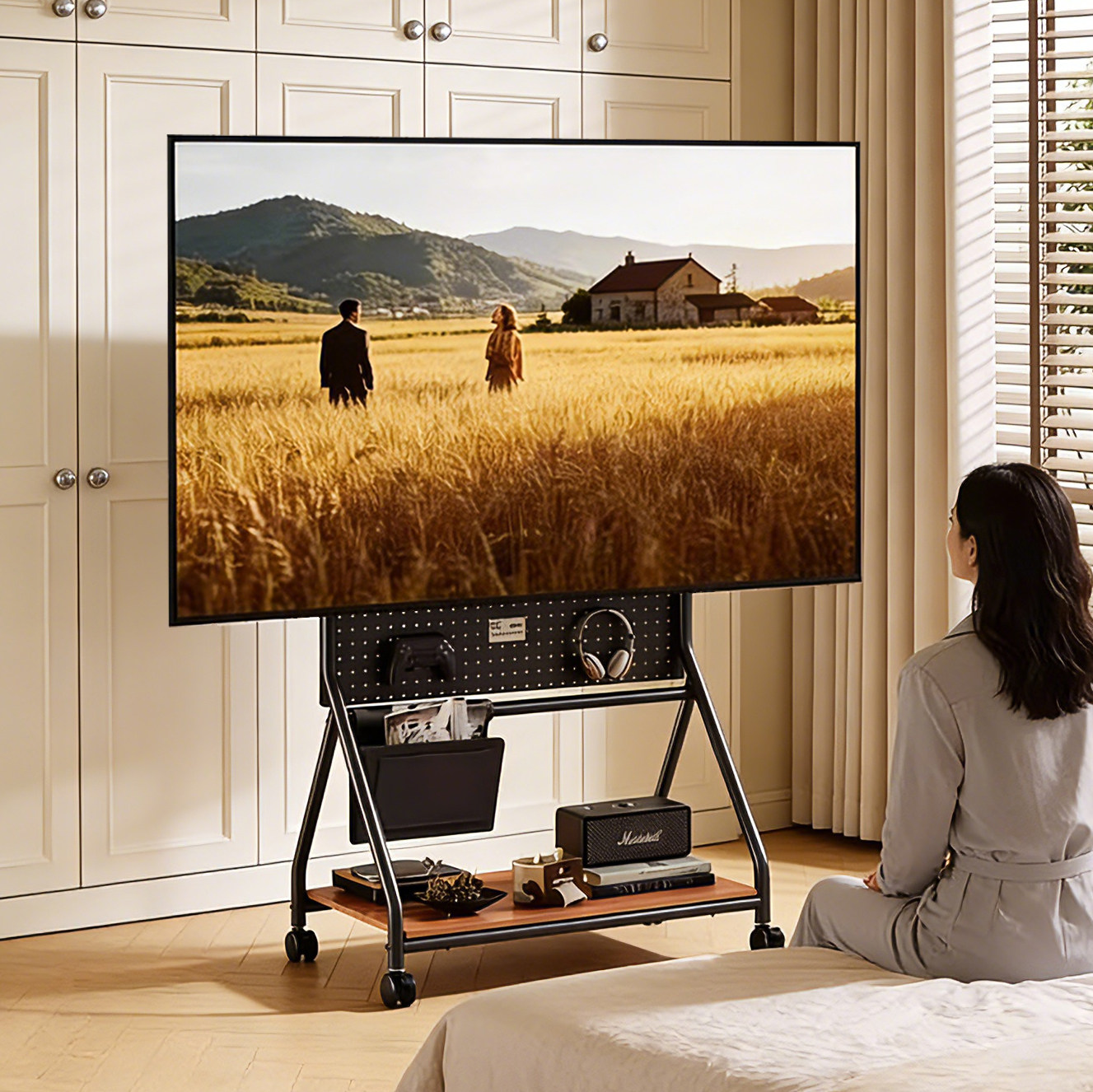 贝石电视机移动推车落地带轮架洞洞板收纳架美式复古全屋通用支架