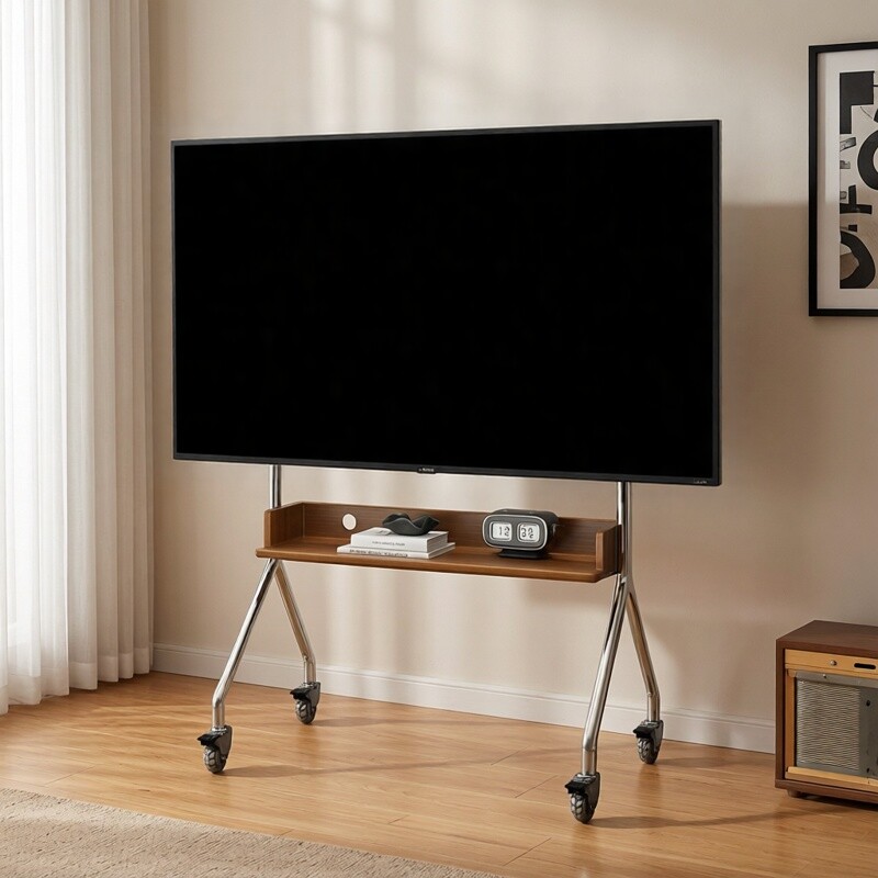 贝石可移动电视机落地支架子不锈钢带轮插排推车家用客厅电视挂架