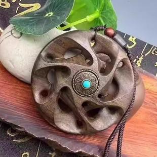 沉香木雕刻时来运转复古挂件六道轮回吊坠六字真言镂空仿古手把件