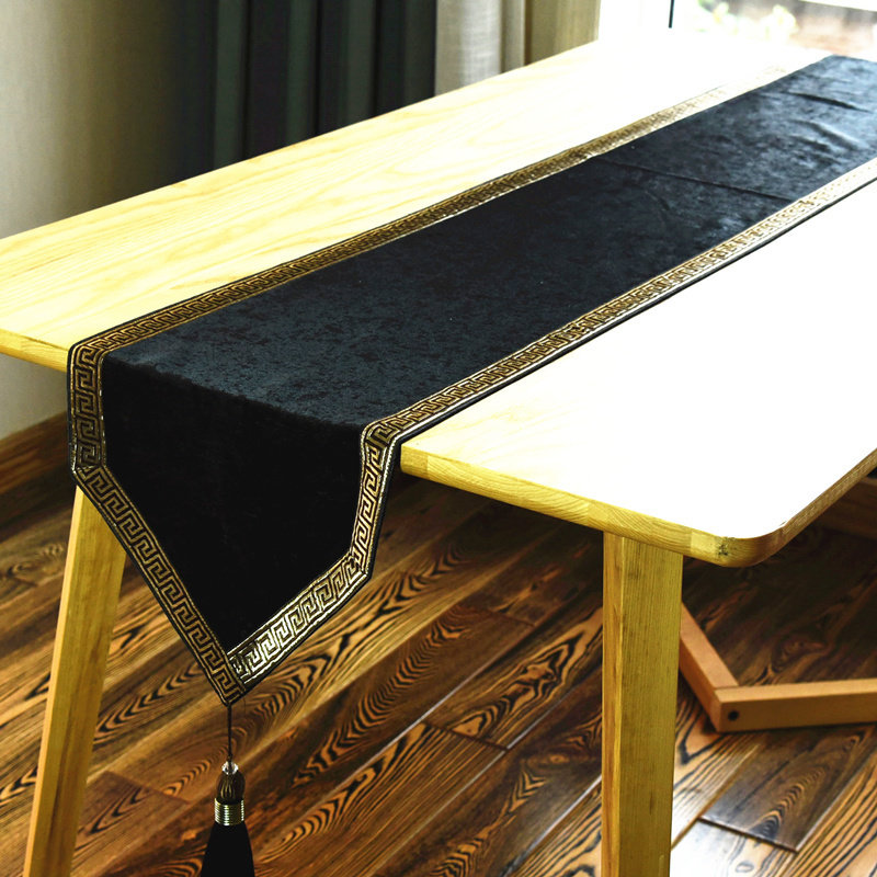 黑色新中式桌旗雪尼尔轻奢风布艺简欧式桌布艺美式丝绒桌布电视柜