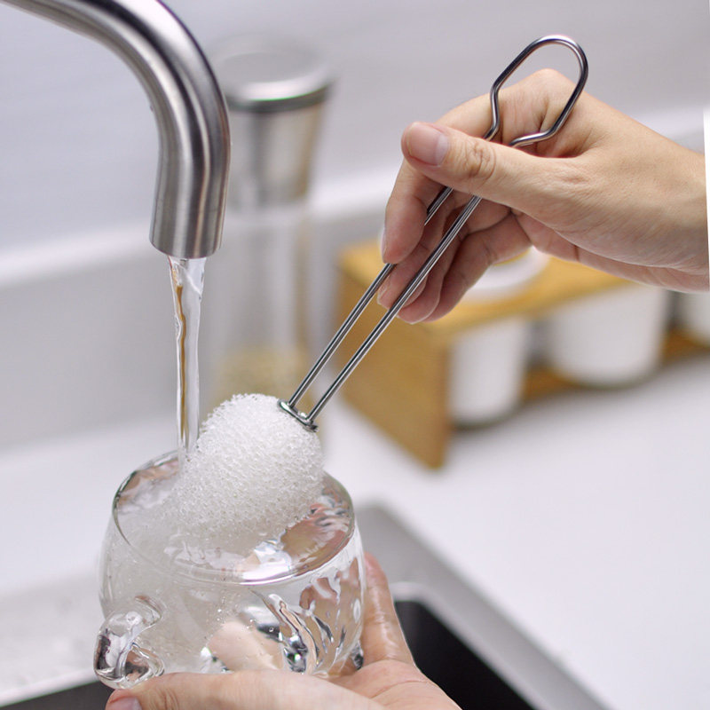 喜诗简约不锈钢杯刷 长柄玻璃杯奶瓶刷 海绵刷可拆洗去污茶杯刷子