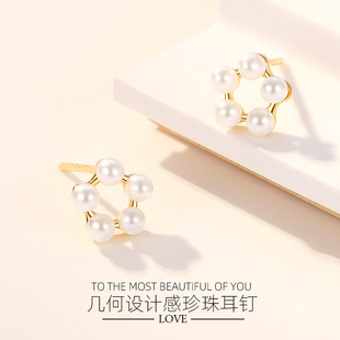法式银耳钉几何五边形星星珍珠耳钉S925纯银耳钉轻奢小众设计感
