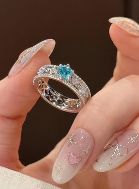 隆隆金珠宝S925银日常轻奢款一克拉海蓝钻烟花切戒指女时尚百搭款