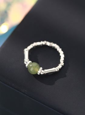 阿宝S999足银竹节和田玉碎银戒指新中式国风小清新简约戒指代发