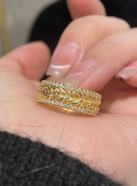 隆隆金珠宝小红书同款戒指意大利工艺S925银中古风拉丝麦穗戒指环