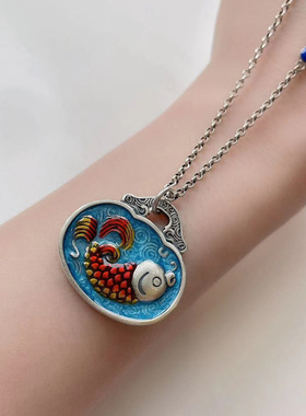 s925银椭圆牌鲤鱼锦鲤吊坠复古民族风项链挂件毛衣链平安锁锦鲤挂