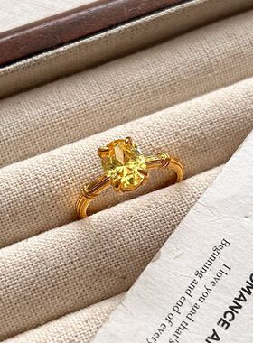 卓之凡珠宝 S925银镀金色椭圆6*8mm鸽子蛋招财黄钻戒指女简约戒指