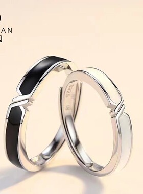 S925银情侣戒指羁绊男女对戒一对异地恋黑色配设计感刻字纪念礼物