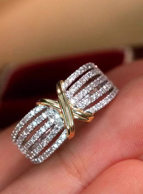 s925纯银戒指女ins欧美双色交叉X指环宽版设计时髦不撞款气质百搭