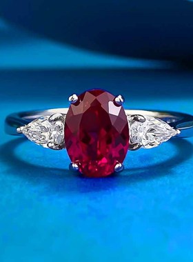 鹿鹿通珠宝 新款S925银仿真鸽血红6*8mm椭圆红刚玉时尚百搭戒指款