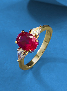 洛熙寺珠宝直播新款925银仿真鸽血红6*8mm椭圆红刚玉时尚百搭戒指