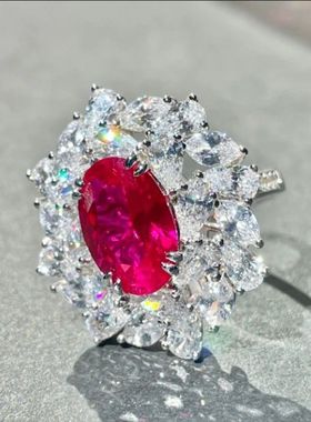 隆隆金珠宝S925银镶嵌9*13mm鸽血红鸽子蛋满钻豪镶红色高碳钻女