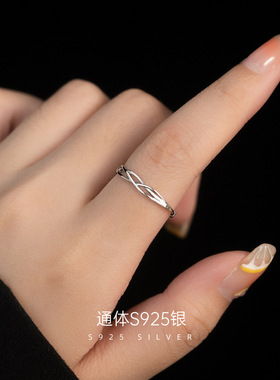 榕树下925银素圈戒指女士小众设计ins潮个性线条食指开口轻奢指环