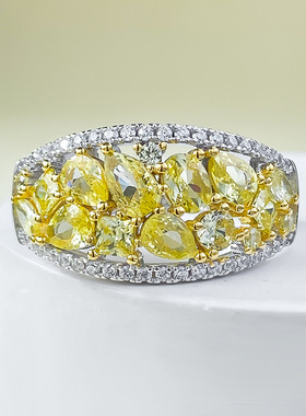 S925银戒指轻奢ins高级感微镶锆石高碳钻黄钻戒指女满钻气质百搭