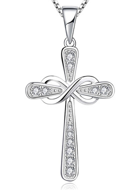 S925银项链 欧美亚马逊8字十字架吊坠锆石项坠信仰饰品