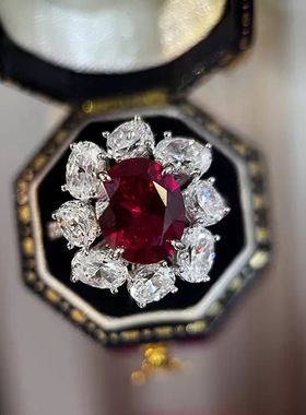 隆隆金珠宝S925银镶嵌8*10mm鸽血红鸽子蛋满钻喜庆红色高碳钻女