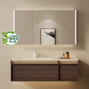 中古风骨骼线橡木烤漆卫生间洗漱陶瓷一体盆浴室柜卫浴柜组合定制