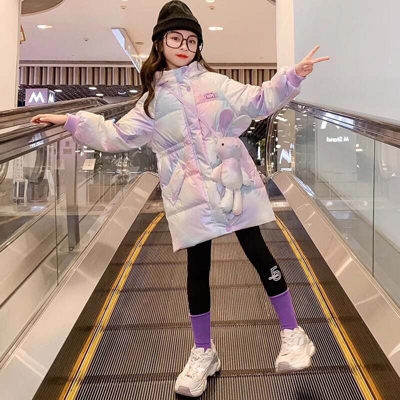 女童羽绒服冬装2025新款90白鸭绒洋气中长款亮面免洗儿童加厚外套