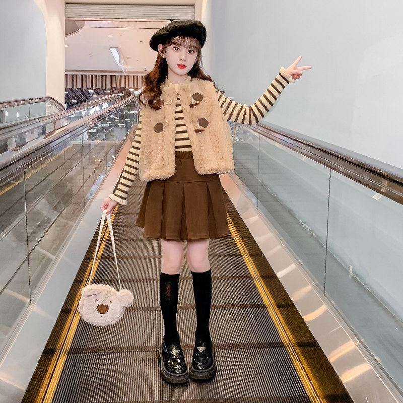 女童套装2025新款秋冬季儿童洋气时髦加厚连衣裙冬装小女孩三件套