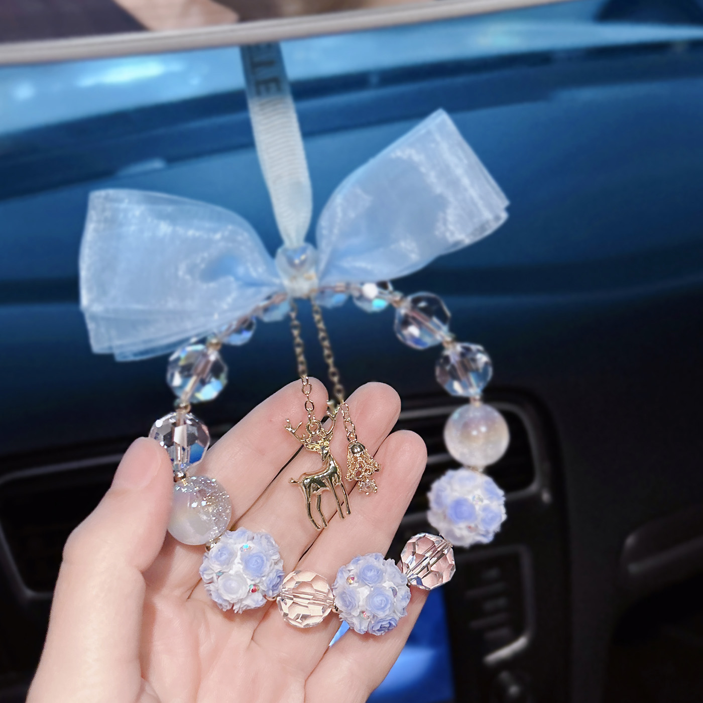 蓝色花球汽车挂件车载水晶后视镜吊坠可爱小鹿女生车内装饰品原创