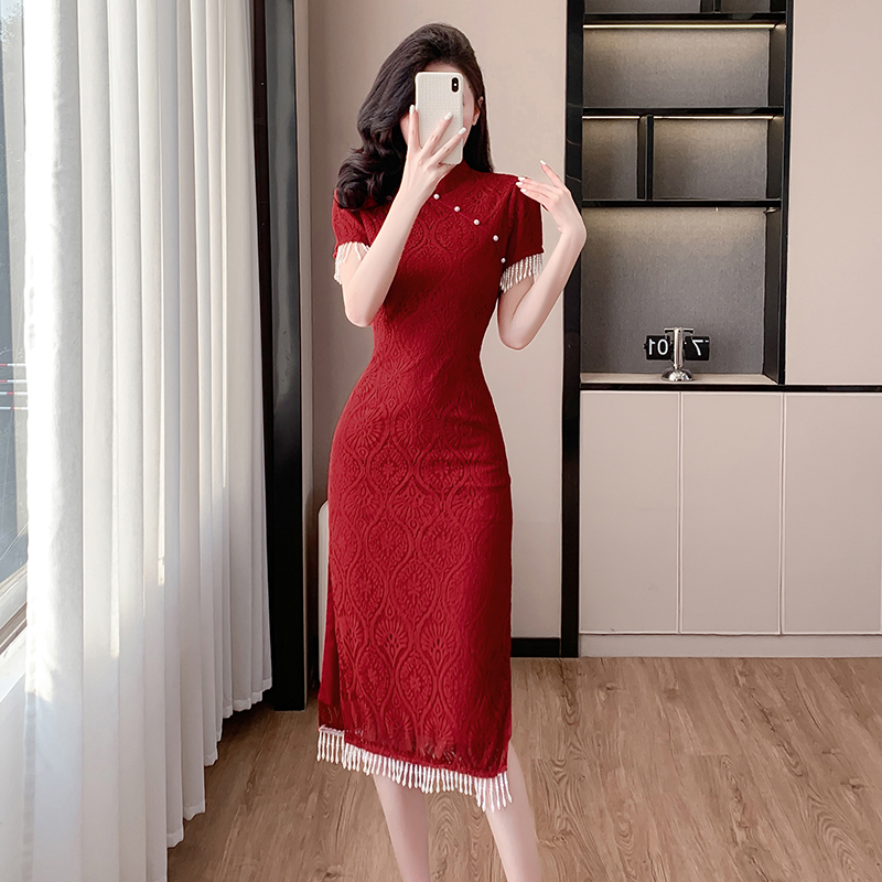 2025春夏旗袍敬酒服新娘红中式订婚礼服连衣裙结婚高级感蕾丝