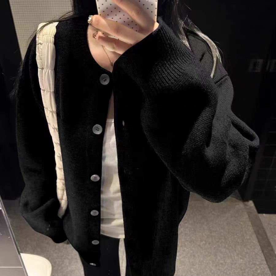 黑色慵懒风显瘦毛衣开衫针织外套女2025秋冬季高级感宽松休闲上衣